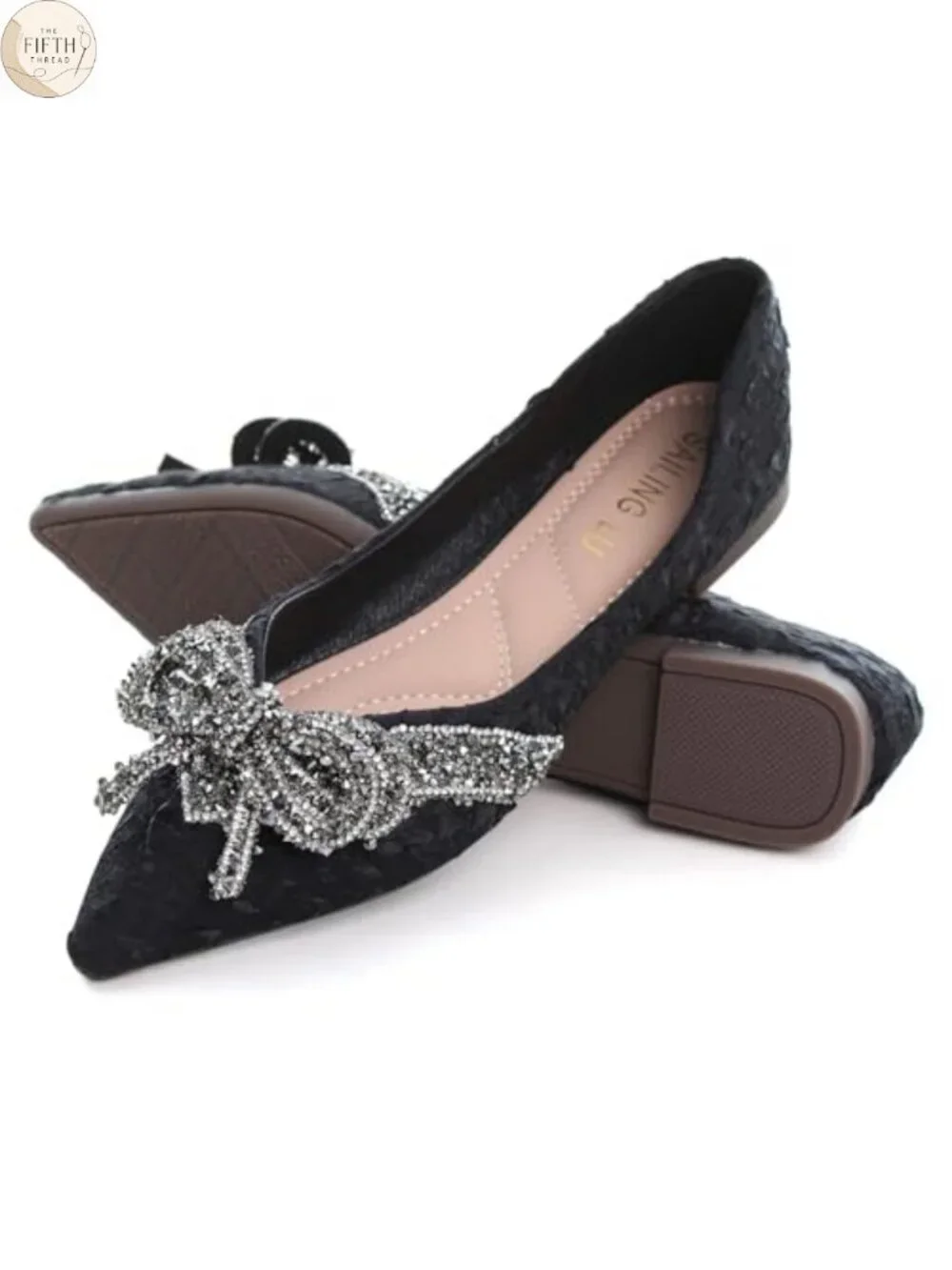 Crystals Bowknot Ballet Flats Pointed Toe Kitten Heel Women Dress Shoes